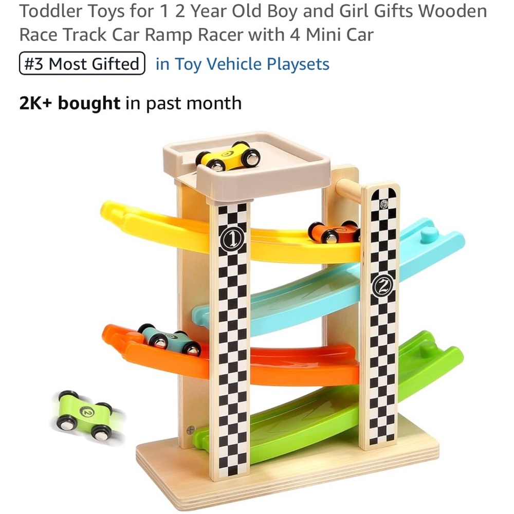 Wooden Race Track Ramp Racer with 4 Mini Cars - Multicolor